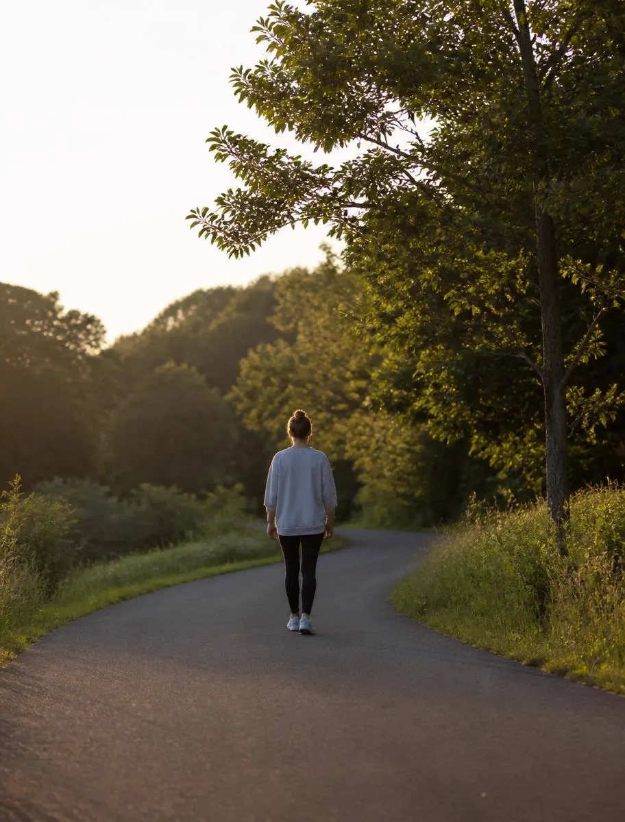 Pessoa caminhando em área verde em um fim de tarde tranquilo