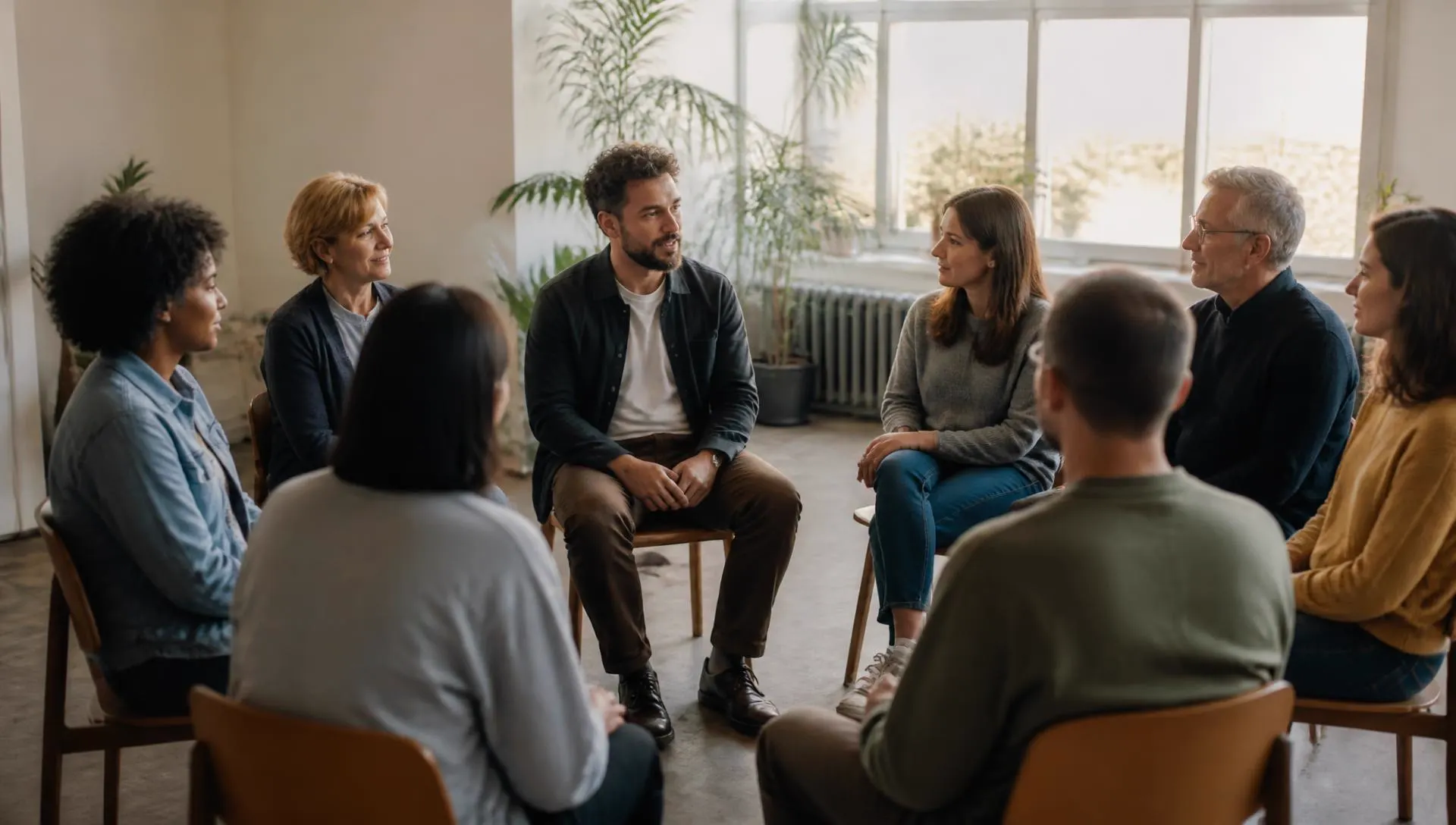 Roda de conversa em grupo de apoio, em sala iluminada por luz natural